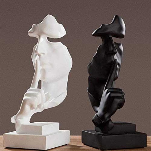 Silence is Gold Thinker Statue, Modern and Simple Resin Things, Creative Abstract Figurine Sculptures for Entrance, Creative Room Home, Office Study, Piano Decor(4.13\" L/4.53\" W/12.20\" H, White)