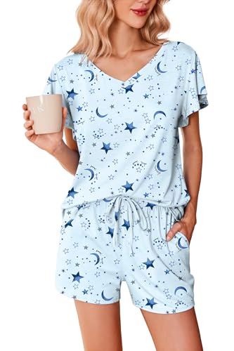 Pyjama 2 pièces pour femme avec manches à volants et col en V du S au XXL