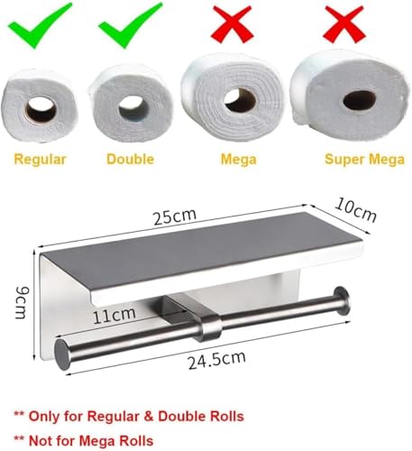 Double Toilet Paper Holder,Stainless Steel Toilet Tissue Roll Holder with Shelf,Toilet Paper Holder Wall Mount for Bathroom Cell Phone Rack,Brushed Silver