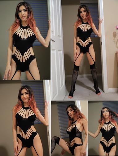 Image of GirlFriend Hot Women's Lingerie Set - Lace Babydoll Outfits 1 Piece Fishnet Bodysuit with attached Mini Skirt with Stockings Babydoll