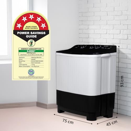 Image of SHARP 7 kg, 5 star with E-Spin Pulsator,Semi-Automatic Top Loading Washing Machine, 1300 RPM (ES-SD70NB-FB, Black, Pure Wave)