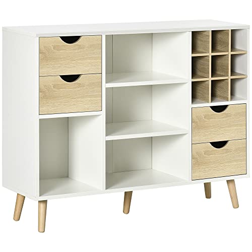 HOMCOM Buffet Design scandinave 4 tiroirs 4 niches Range Bouteilles piètement Bois de hêtre Panneaux Blanc Aspect chêne Clair dim. 100 x 30 x 78,5 cm