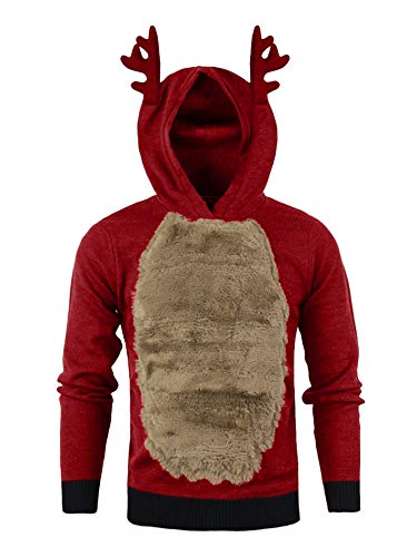 Colisha Jerséis de Navidad para hombres de bloque de color esponjoso polar sudadera con capucha de reno disfraz lindo ciervo de Navidad sudadera con capucha caliente, Rojo+caqui, XXXL Cover