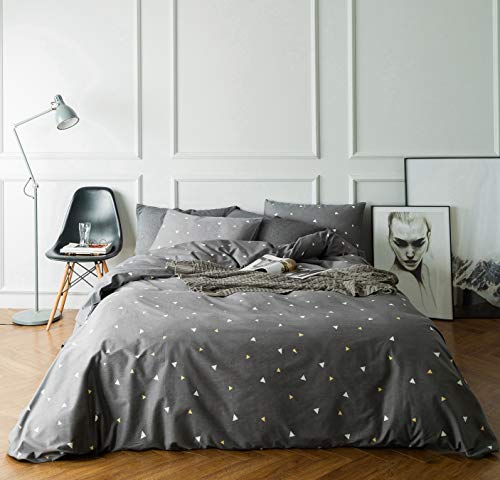 SUSYBAO 3 Pieces Duvet Cover Set 100% Natural Cotton King Size Yellow and White Triangle Print Bedding Set 1 Grey Geometric Duvet Cover with Zipper Ties 2 Pillowcases Luxury Quality Soft Comfortable