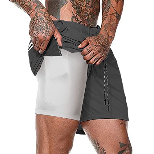 Herren Laufhose Kurz, 2-in-1 Aktiv Laufshorts Atmungsaktiv Innerer Kompressionsshorts mit Tasche Kordelzug Herren Deluxe Kurz Sporthose Trainingsshort,Schwarz,XL Cover