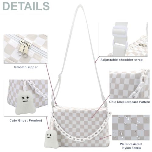 DOB SECHS Checkered Crossbody Bag for Women Nylon Cute Messenger Purse Hobo Bag Spacious Checkerboard Handbag Wallet Cross Body Belt Sling Bags for Travel with Ghost Pendent, Adjustable Strap, White4