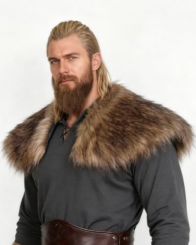 keland Viking Kunstfell Kragen Schulterfell Mittelalter Fellumhang Fell Schulterüberwurf Wikinger Kostüm Herren (Braun)