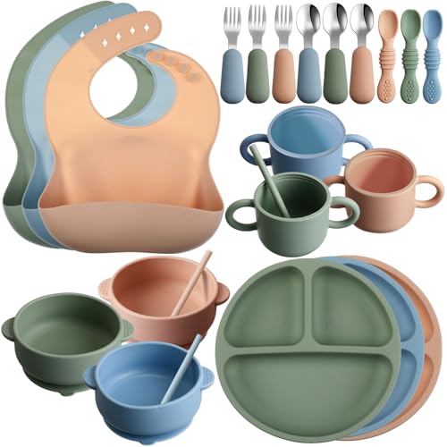 Image of 24 Pack Silicone Baby Feeding Set Baby LED Weaning Supplies Includes Suction Divided Plates Soft Bowl Spoons Forks Adjustable Bib Snack Cup and Straws(Dark Green, Dark Blue, Walnut Color)