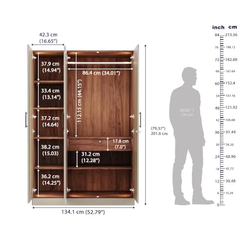 Image of Wakefit Wardrobe for Bedroom | 3 Yr Warranty | Cupboard for Bedroom, Almirah, Wooden Wardrobe, Comes with LED light, Storage Drawer, Mirror & Hanger, Density:680-750kg /m, Free Installation(Tyrian-CB)