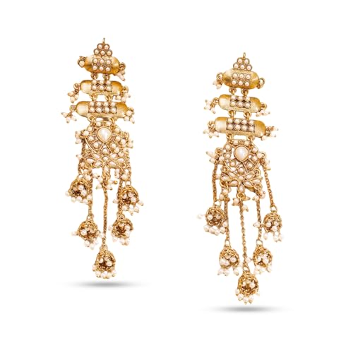 Image of Rubans Long Jhumka Earrings with Ear Chain Pearl Beaded Traditional Wedding Jewellery Gift for Women & Girls