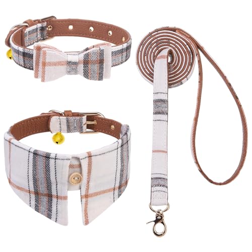 Image of EXPAWLORER Dog Collar and Leash Set - Classic Plaid Dog Collar with Bow Tie and Cute Bell, Dog Leash No Tangle, Adjustable Dog Collar for Small Medium Dogs Cats, Holiday Ideal Gift, Yellowish XS