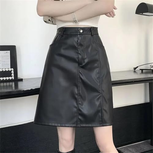 Women Zipper Pockets Button Korean High Waist Short A-Line Leather Skirt4