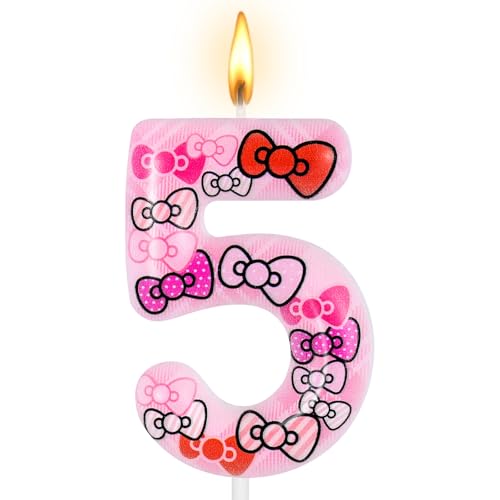 Number 5 Cute Cat Pink Bow Birthday Cake Candle Pink Cartoon Kitty Numeral Cake Topper for Kids Birthday Party Decoration Themed Celebrations Supply