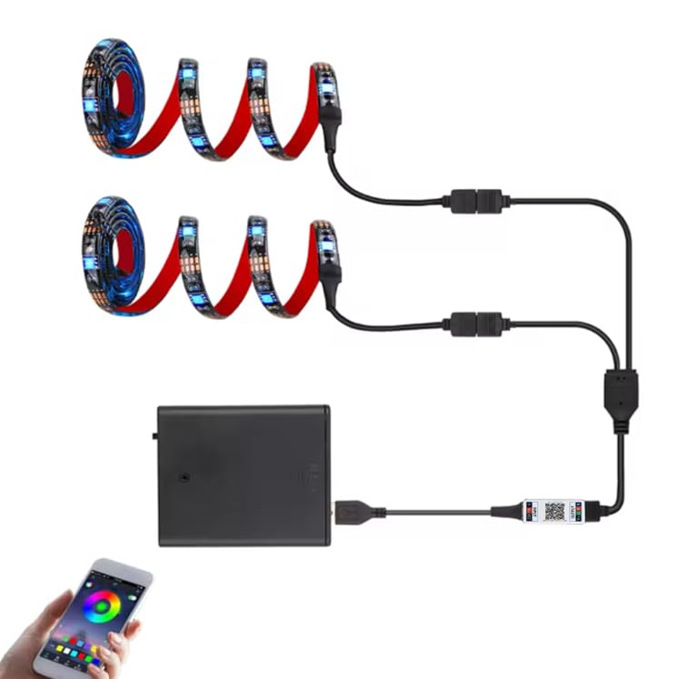 Battery-Operated LED Strip Lights, RGB TV Backlight, Bluetooth, Music Sync Timer Setting, Dimmable, Colour Changing, Waterproof for Bedroom at Home (2 x 200 cm Kit)