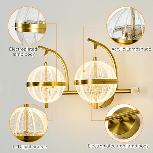 Image of UOFUS 24W Gold Bathroom Light Fixtures Modern LED Vanity Light with Globe Acrylic LampShade 2 Lights Mid Century Wall Sconces Indoor Vanity Lights Over Mirror for Bedroom Hallway Entryway