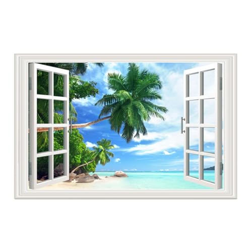 Abaodam Sticker Mural Effet Trompe-Œil 3D Fenêtre Paysage Plage et Océan Adhésif Vinyle Amovible pour Chambre d'Garçon et Filles et Bureau Décoration...