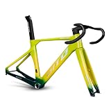 BSFHQS 700C Telaio Bici da Strada Full Carbon 46/49/52CM Freno A Disco Telaio da Corsa Aerodinamico ASSE Passante F12×100mm R12×142mm, Manubrio Integrato(Groen,46CM)