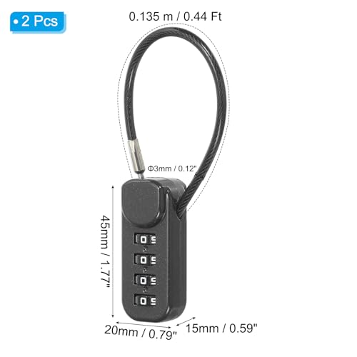 Image of PATIKIL 2 Pack 4 Digit Combination Lock, Helmet Padlock Cable Lock Gym Locker Lock with 0.44Ft Flexible Security Steel Lock Wire for Bike Locker Travel Luggage, Black