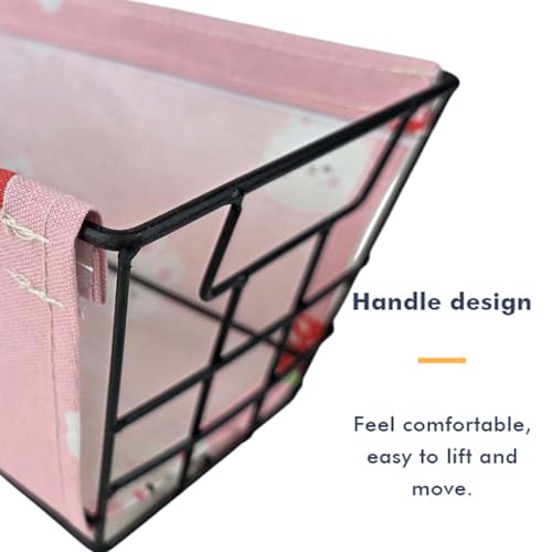 Image of Go Hooked Metal Storage Basket with Removable Fabric Liner | Cute Pink Bunny & Strawberry Print Multipurpose Organizer for Home, Office, Tabletop | Decorative Wire Basket for Toys, Fruits, Snacks