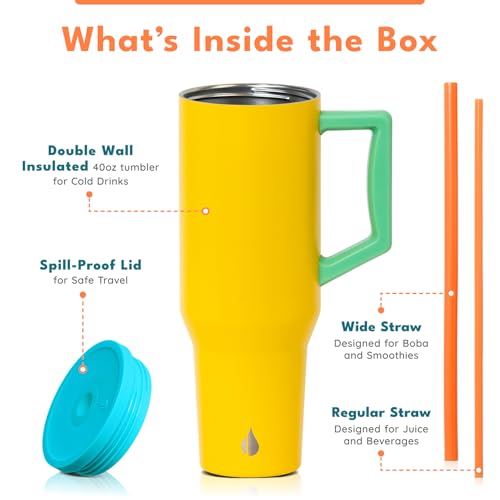Image of Elemental Spill Proof 40oz Insulated Tumbler with Handle & Straw Travel Mug | Stainless Steel Commuter Travel Coffee Mug for Cold Beverages, Includes 2 Straws & a Spill Proof Lid for Everyday Use
