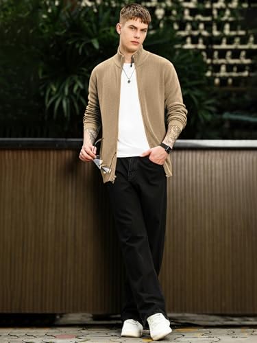 Image of Maniac Mens Solid Texture High Neck Full Sleeve Beige Full Zipper Cotton Jacket