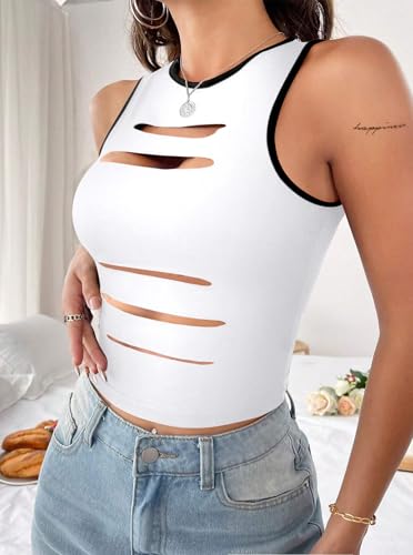 Image of LovelyWholesale Women Sexy Cut Out Crop Tank Tops Crew Neck Summer Sleeveless Top