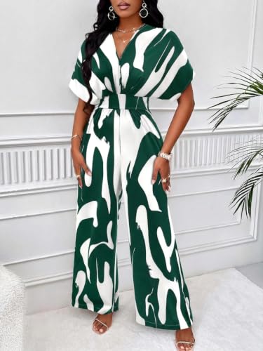Image of PerZeal Women's V-Neck Short Sleeve Printed Jumpsuit with Pockets - Casual Wide Leg One-Piece Romper for Summer(S-XXL)