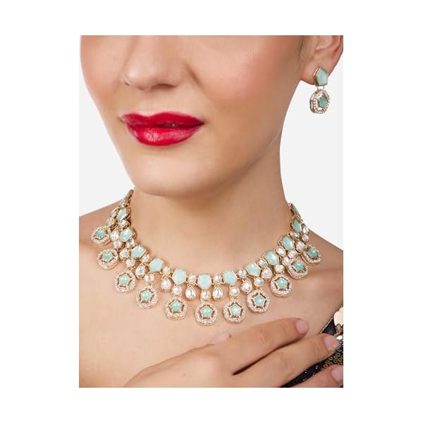ZAVERI PEARLS Mint Green Kundan Austrian Diamonds & Artificial Stones Embellished Necklace Earring & Ring Set For Women-ZPFK17098 - Image 5