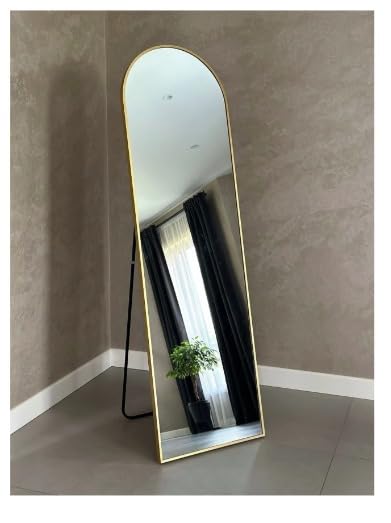 Image of HD Glass Metal Floor Mirror with Stand for Living Room, Full-Length Mirror for Bedroom, Standing Mirror, Glam Gold, 18W x 60L Shape Abstract