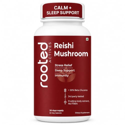 Image of Rooted Active's Reishi Mushroom Capsules - Heart & Immune Health Support Supplement with Organic Ganoderma Lucidum | Support Energy, Mood, Sleep & Overall Well-Being - 60 Vegetarian Capsules