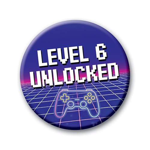 6th Birthday Badge – 76mm Level 6 Unlocked Pin Badge Button Video Game Birthday Gift for Boys