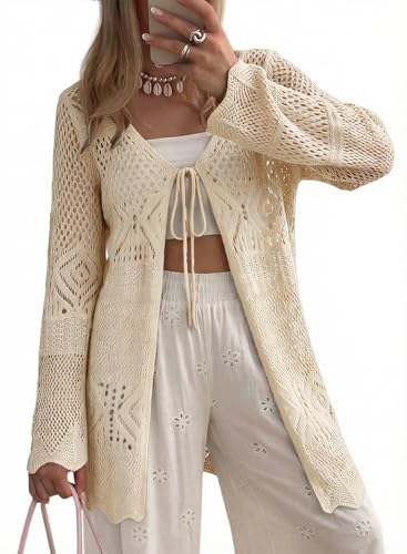 SHEWIN Womens Crochet Cardigan Sweaters with Tie Lightweight Kimono Cardigans for Women Trendy Summer Cardigan 2026 Beige X-Large