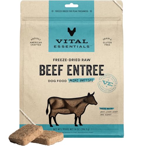 Image of Vital Essentials Freeze Dried Dog Food, Beef Mini Patties, 14 oz Bag | Soft, Complete Meal or Topper, Made With 98% Beef, Organs & Bone, High Protein Raw Nutrition, Grain-Free Recipe
