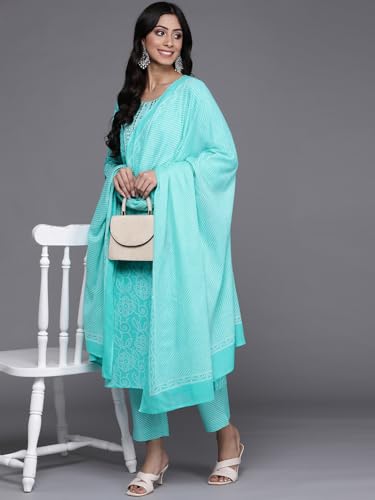 Kurta bleu d'exception brodé main ensemble pantalon coton Varanga S