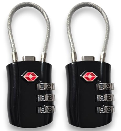 Conjunto de 2 Cadeados de Segurança com Cabo de Aço, Senha de 3 Dígitos, Sem Chave, para Mala, Armário e Mochila (2, preto)