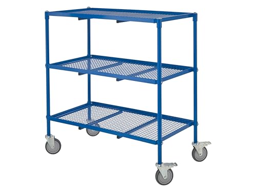 3 Tier Mesh Trolley, Heavy Duty Blue Steel Platform Storage/Transport Cart on Braked Swivel Castors for Offices, Warehouses, and Workshops