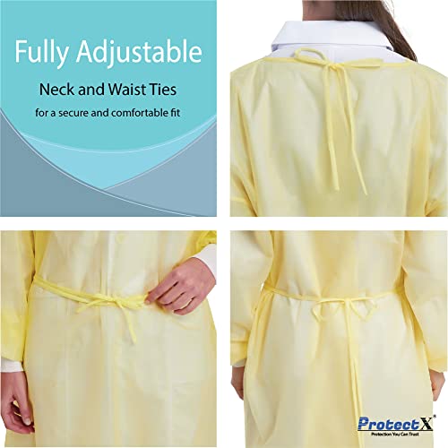 ProtectX (Yellow 100 Pack) Disposable Breathable Polypropylene Isolation Gown with Elastic Knit Cuffs, Covered Back, Extra-Long Double Ties, Universal Size - Thumbnail 4