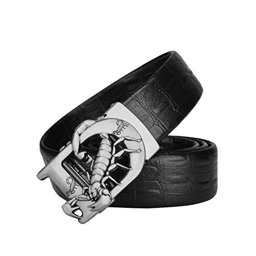 Men's Leather Belt with Scorpion Buckle, Fashionable and Personalized Retro Belt Suitable for Jeans and Suits,Black Silver,115CM/45.3''