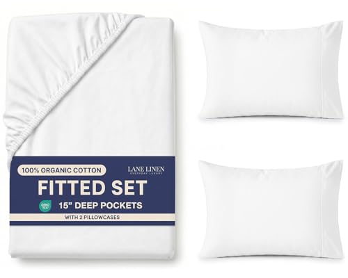 Image of 100% Organic Cotton White King Fitted Sheet, 3-Piece Set (1 Fitted Sheet, 2 Pillowcases), Percale Weave,Cotton Fitted Sheet, Ultra Soft, Breathable, GOTS Certified, Fits Mattress Upto 15 inch Deep - White
