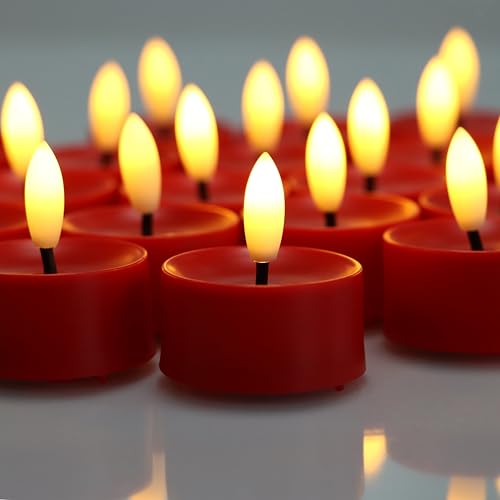 Image of CANDLE CHOICE Battery Operated Flameless Tea Lights Realistic Black Wick Bright Flickering LED Tealight Candles Wedding Table Centerpieces Halloween Christmas Decorations Batteries Incl. 12 Pack Red