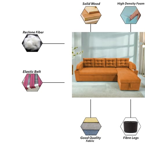 Image of Casaliving Grance RHS 6 Seater Corner Sofa Cum Bed for Living Room with Storage (Orange Fabric) Premium Fabric Sofa Cum Bed