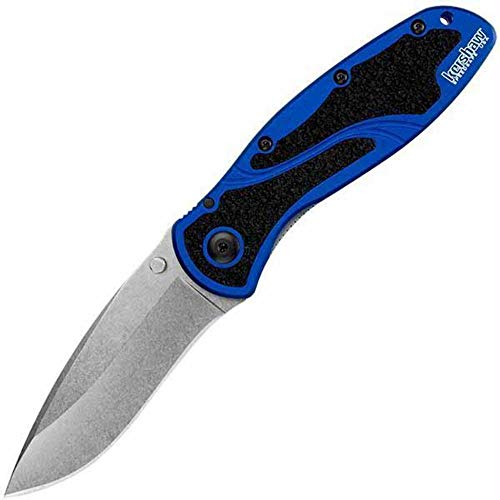 Kershaw Blur, Navy Blue Stonewashed (1670NBSW) Pocket Knife, 3.4 Stonewashed 14C28N Steel Blade, Anodized Aluminum Handle with Black Trac-Tec Inserts, SpeedSafe Open, Reversible Pocketclip; 3.9 OZ