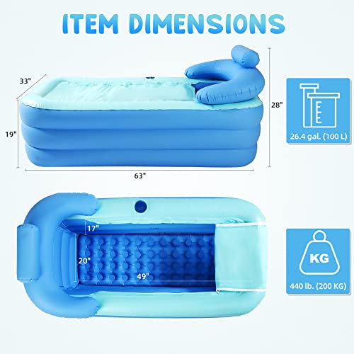 Inflatable Bathtub Adult With Electric Air Pump, Indoor Or Outdoor Portable Foldable Bath Tub And Ice Bath Tub, Freestanding Blow Up Bathtub With Bath Pillow Headrest For Adults Spa, 63"X33" (Blue) #TOP1