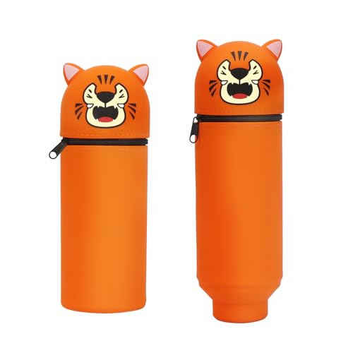 Augesak 2-in-1 Kawaii Federmäppchen Tiger, Mäppchen Jungs Silikon Federmäppchen, Stand Up Schulmäppchen, Cartoon Tier Stifthalter Federmappe, Pencil Case Tiger, Stifte Mäppchen für Kinder Schulbedarf