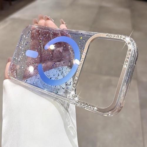 Coque iPhone 16 Pro Max transparente à paillettes bleues avec recharge magnétique