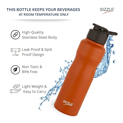 Image of Sizzle Orbit 750ml Stainless Steel Sports Water Bottle - Leakproof & Lightweight Fridge Bottle - for Gym, Office, School & Home - BPA Free, Easy to Clean (Orange)