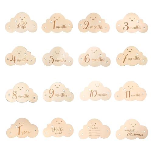 Galenecx 8 Stück Meilensteinkarten Baby, Wolkenform Meilensteinkarten, Hochwertigem Holz Meilenstein Karten Set Als Geschenk zur Geschenkidee zur Geburt Taufe