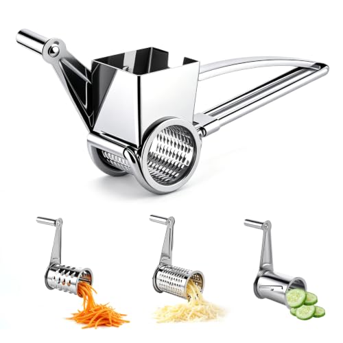 Grattugia Formaggio Manuale con Manovella, 3 in 1 con 3 Tamburi in Inox