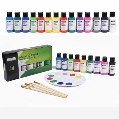 Image of Acrylic Fabric Paint Set 14 Colors with 4 Paint Brushes & Mixing Palette | Rich Pigmented Fabric Colours for Clothes, Canvas, Shoes, Wood, MDF, Ceramic, Stone, DIY Art & Craft Painting Kit (Lanpo Fabric Colours 14 Piece Set)
