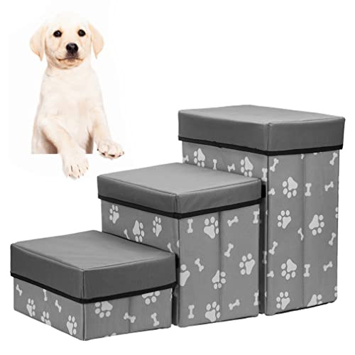SCENEREAL Dog Stairs for Small Dogs, Folding Dog Steps with Stoage for Small Pets Puppies Cats, 3 Steps Nonslip Dog Bed Stepper for Couch Sofa, Dog Perch for Window